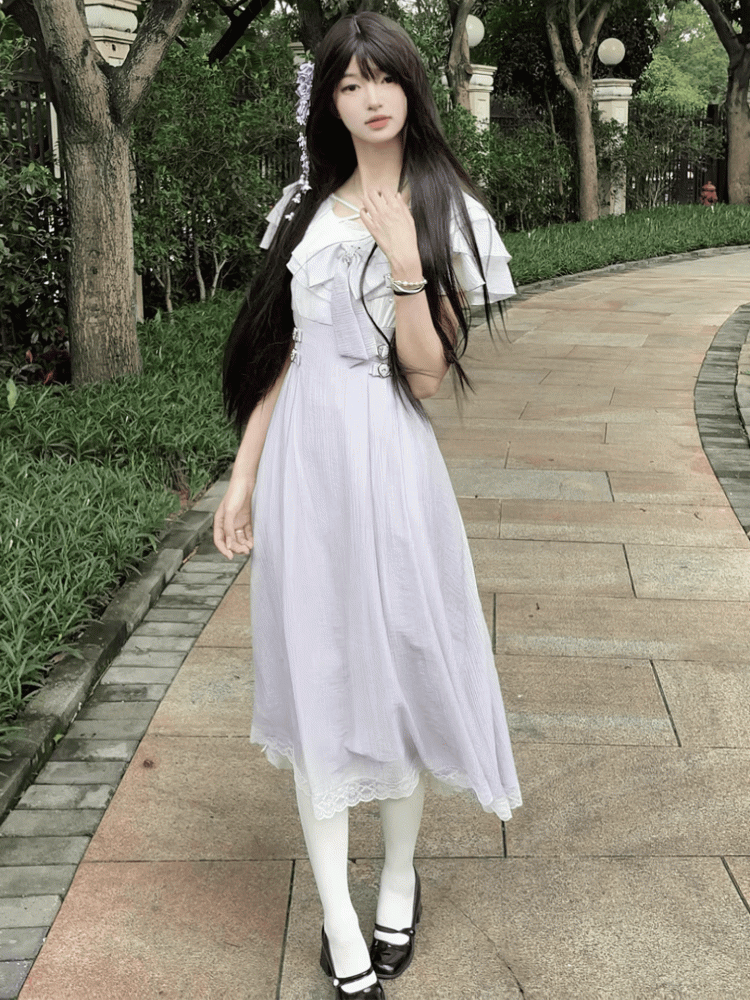 Hem Neckline Long with Version Dress Bowtie Jirai Kei Lavender Heart Buckles Waist Tiered Flounce