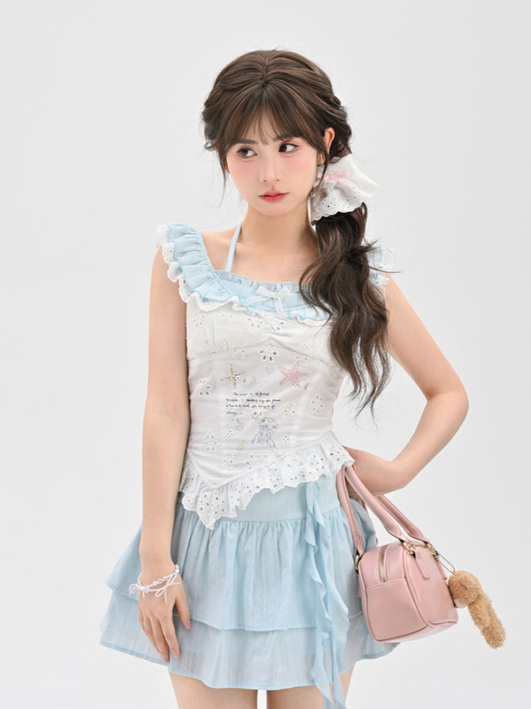 Curved Sleeves White Hem Sleeveless Top Starfish and Jellyfish Graffiti Flutter