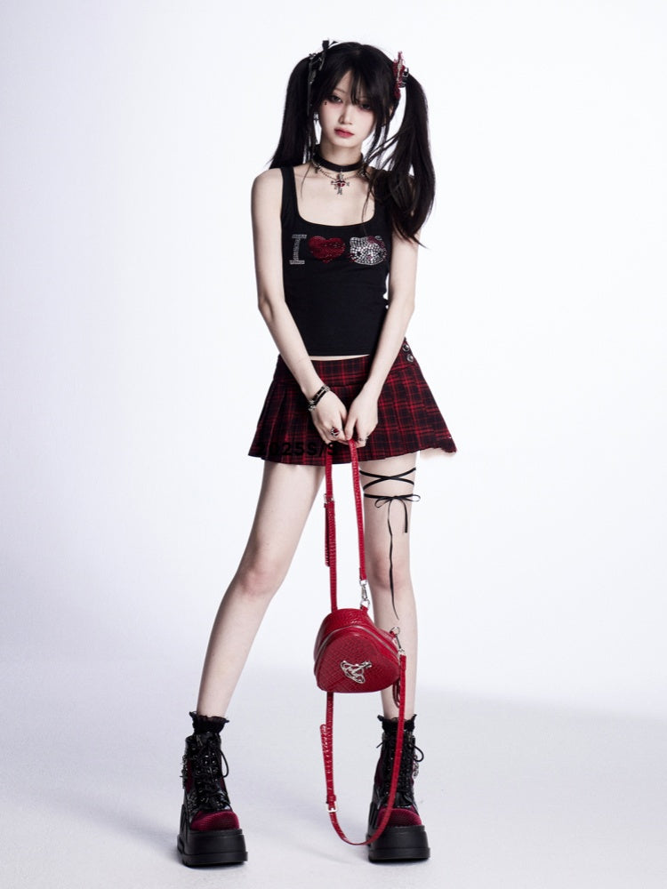 Waist Mini Black Pleated Skirt Red Plaid Low Glamorous