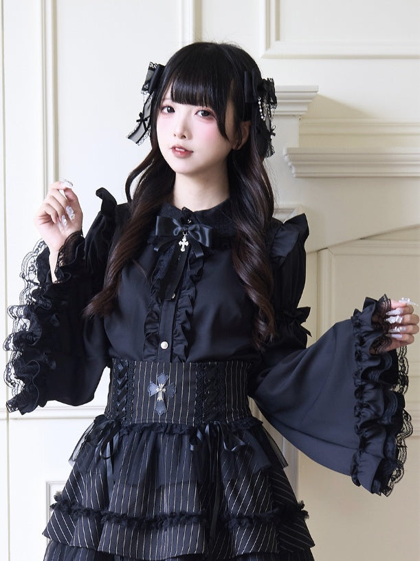 Jirai Kei Peter Sleeves Lolita Ruffled Lace Trim Pan Collar Black Blouse with Detachable Bell Gothic Bowknot