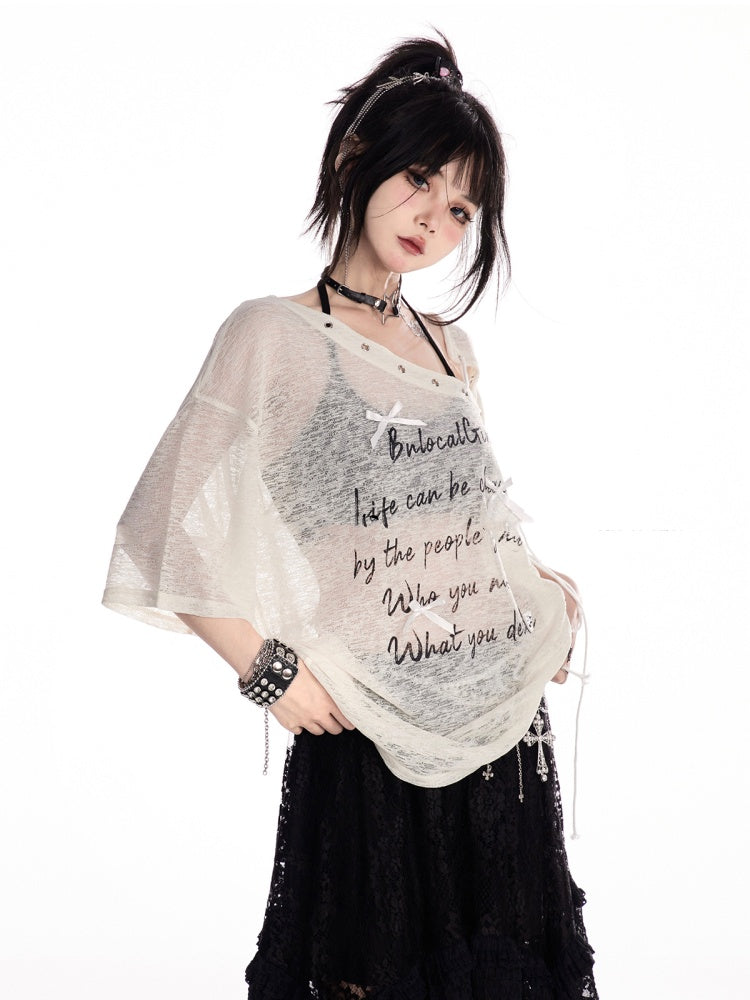 Apricot Lace-up Asymmetrical Neckline Letter Print Semi-sheer