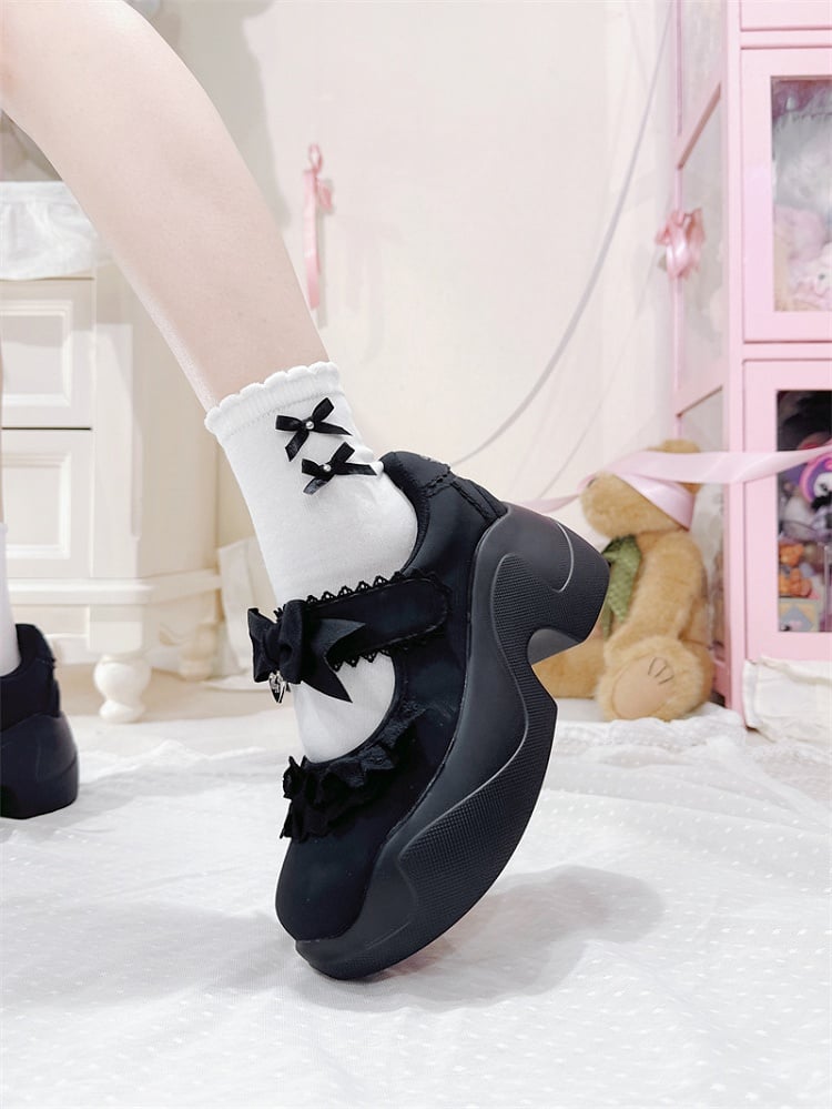 Black Bowknot Lace Strap Jirai Kei Velcro Trim Closures Platforms