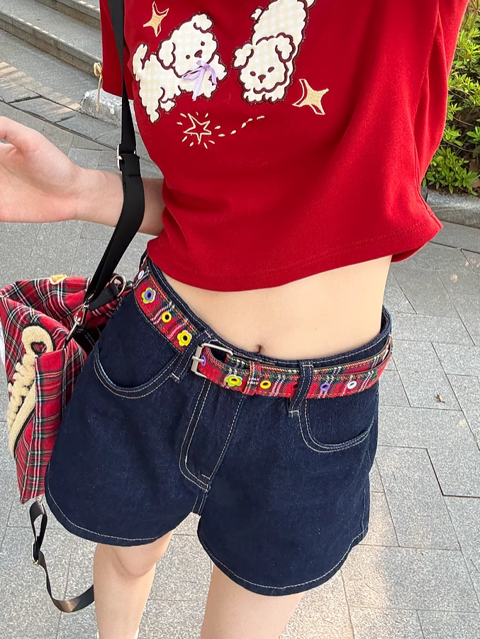 Blue Wide-leg Denim Shorts Kitty Embroidery Back