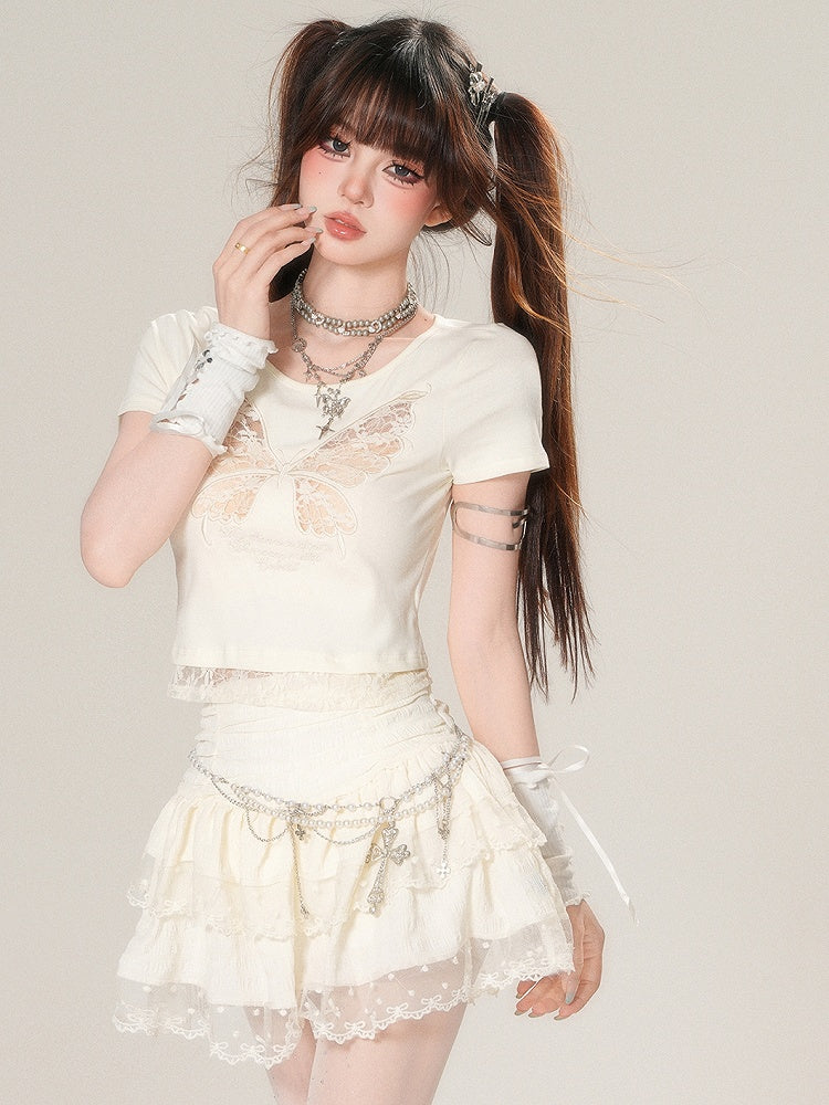 Lace T-shirt Butterfly Beige/Black Glamorous Bittersweet