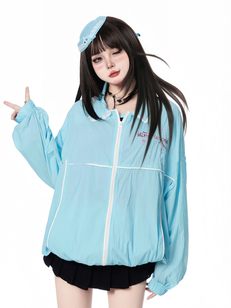 Hem Shirt Collar Elastic Cuffs and Zip-up Jacket Blue