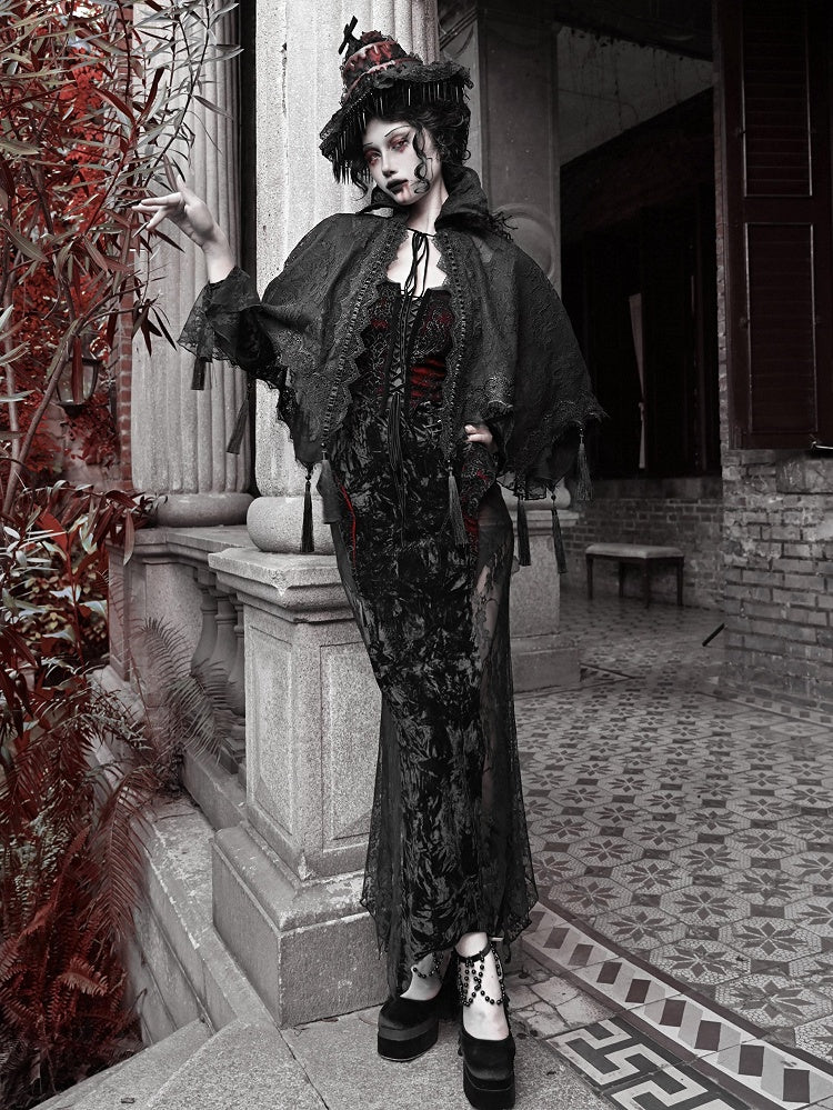 Goth Quasten Saum Spitze Vampir Ständer Schwarz Kragen Cape Schal