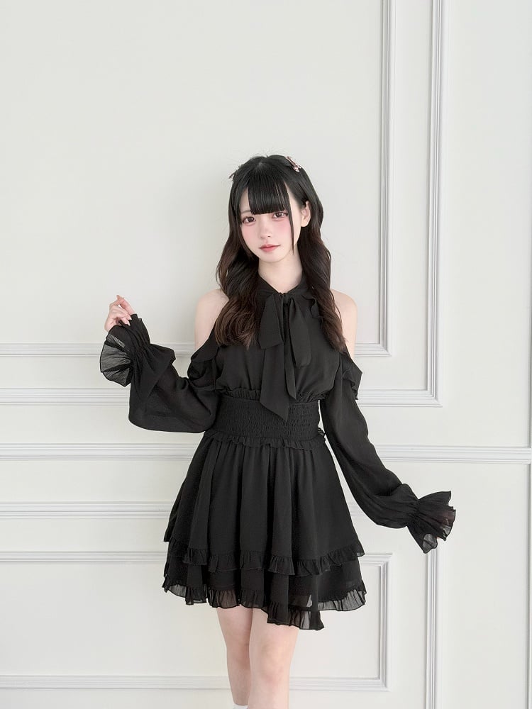 Cut-Shoulder Kei Schwarzes Kleid Jirai mit