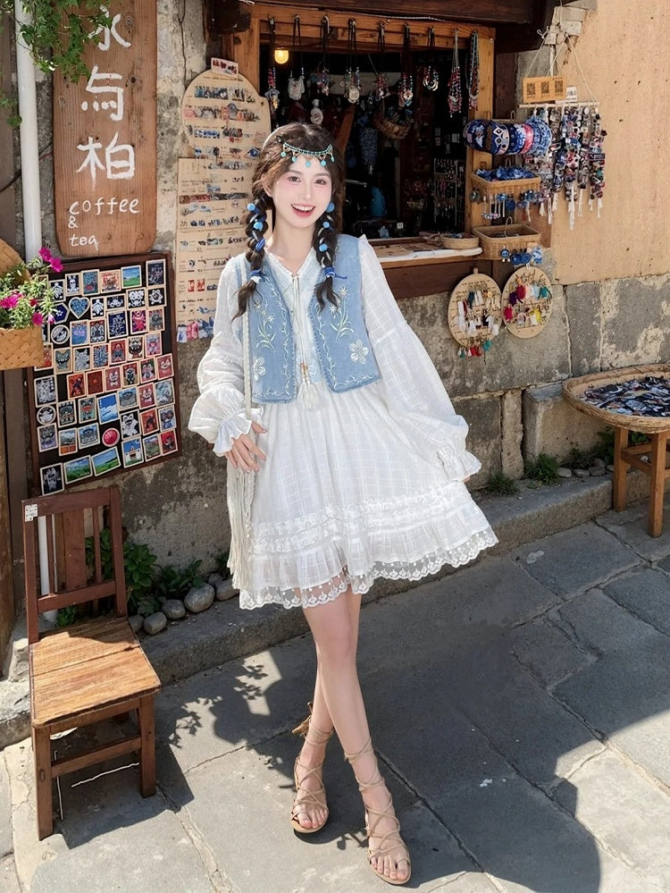 バージョン ホワイト Vネック レーストリム ドレス タッセル ドローストリングデザイン レギュラー/ロング