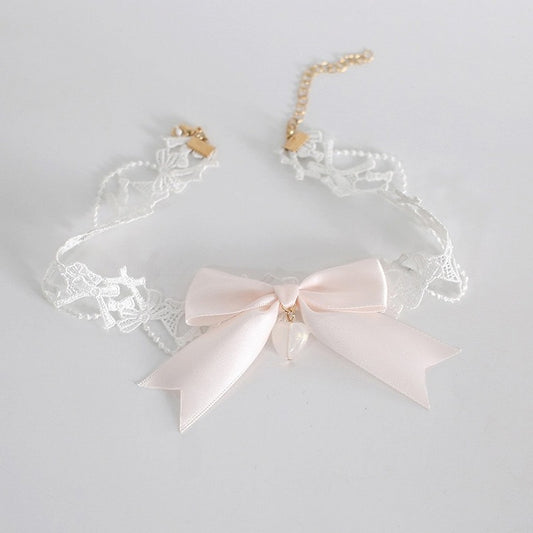 レースの蝶結びオレンジロリータチャーム装飾チョーカービーズピンクスイート