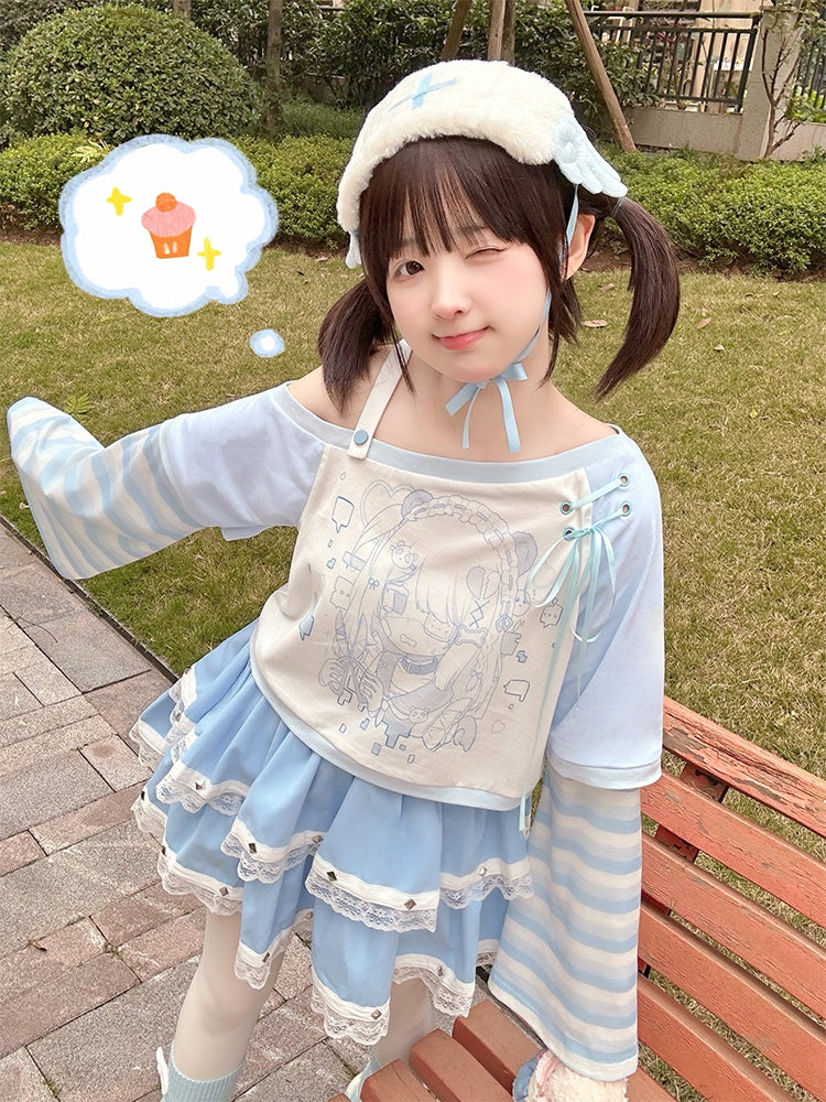 ブルーとホワイトのアシンメトリーネックラインストライプベルスリーブトップス