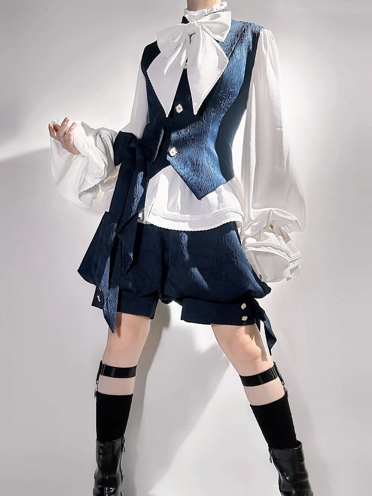 Blue Fashion Ouji Collar Jacquard Waistcoat Prince Style Banded