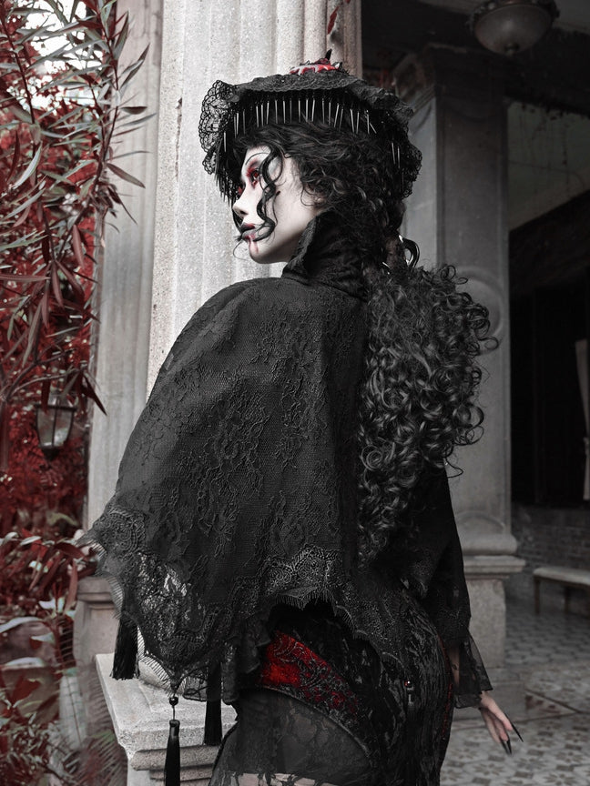 Goth Quasten Saum Spitze Vampir Ständer Schwarz Kragen Cape Schal
