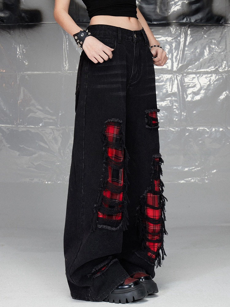 Black Distressed Holes Plaid Pattern Straight-leg Cut Jeans