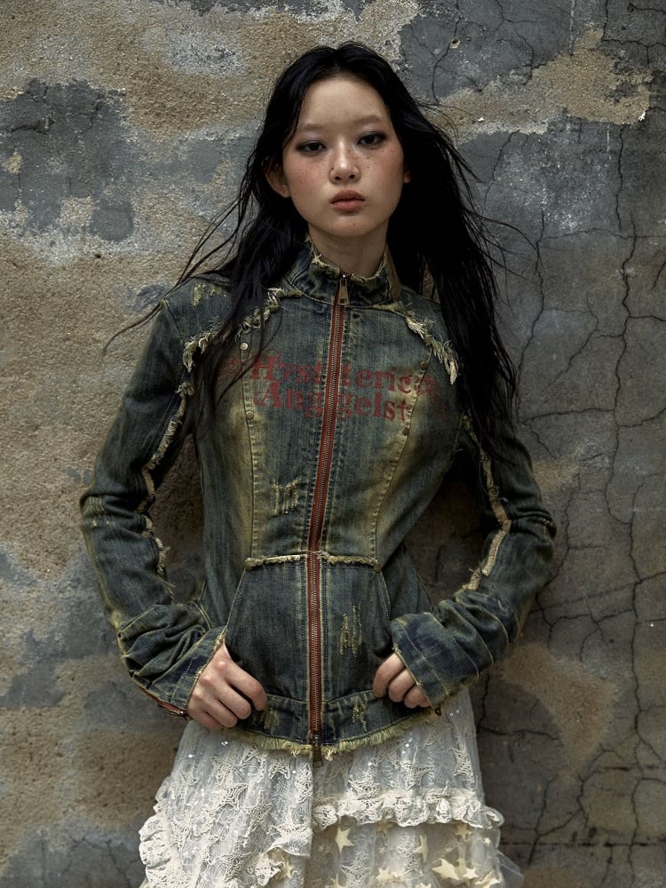 Blaue Rock-Punk-Jeansjacke mit Kreuzaufnäher