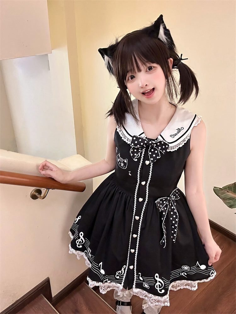 Design Sleeveless Melodic Kitty Black Sailor Collar Keyboard Dress Back