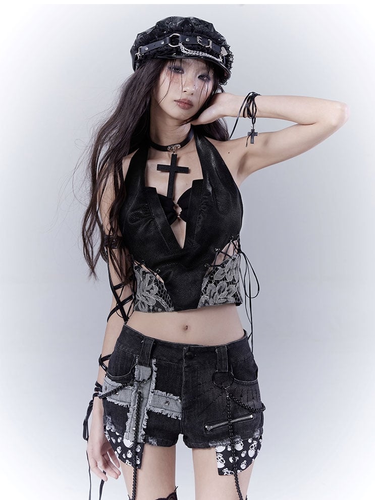 with Glamorous Lace-up Patches Details Lace Side Sleeveless Top Black Halter Neck