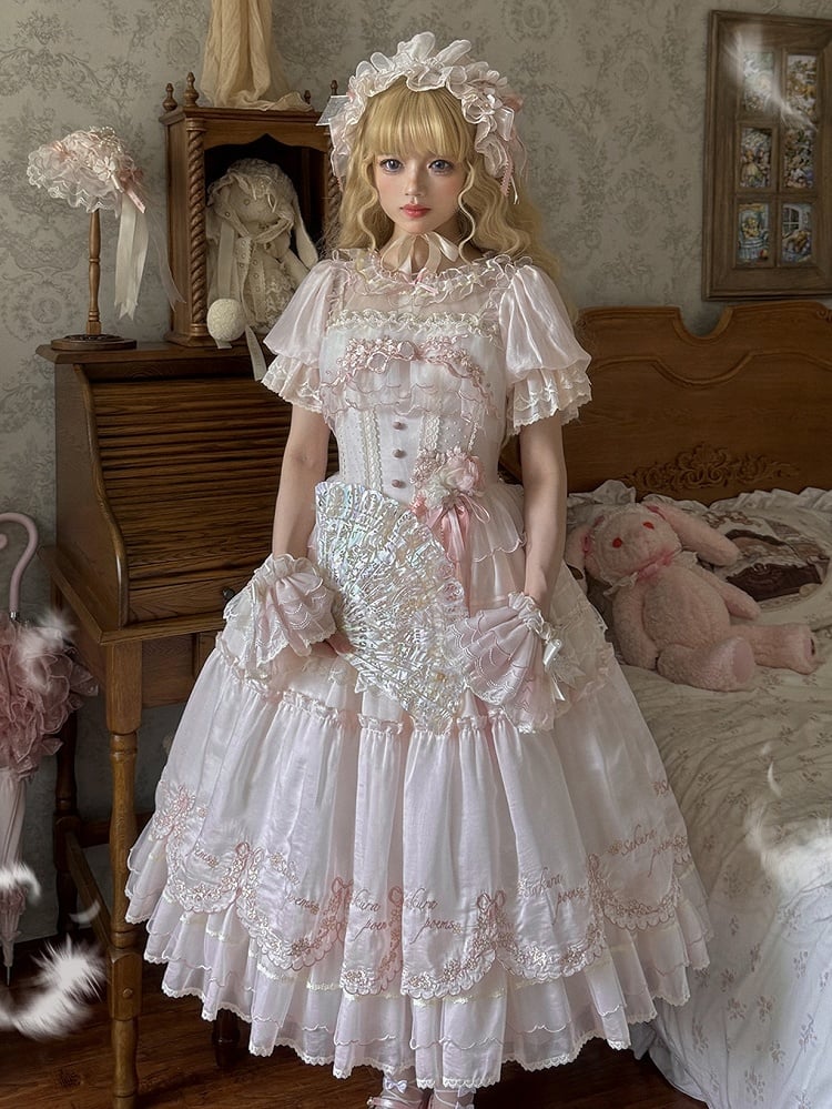 Lolita Sleeves Pink Short Dress Cherry Delicate Princess Blossom Embrodery