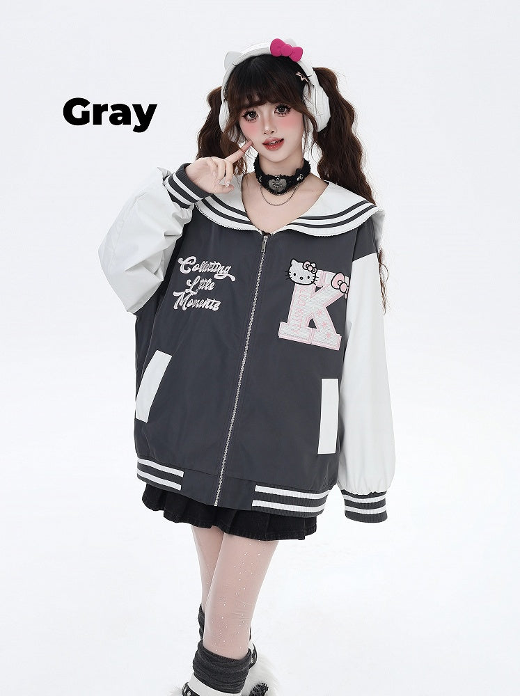 Marineblau/graue Baseballjacke mit Matrosenkragen und Kätzchenstickerei