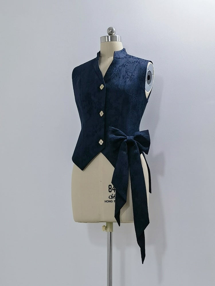 Blue Fashion Ouji Collar Jacquard Waistcoat Prince Style Banded
