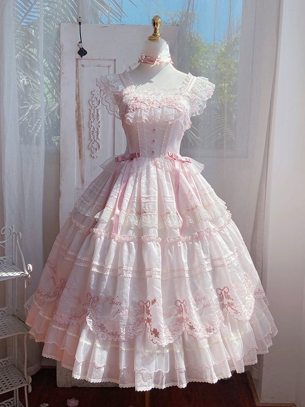 Pink Sakura Skirt Lolita Waist Jumper Embrodery Blossom Cherry Natural Princess