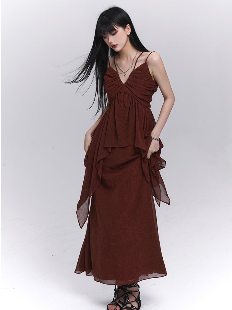 Waist Ankle Length Skirt Dark Red Elastic