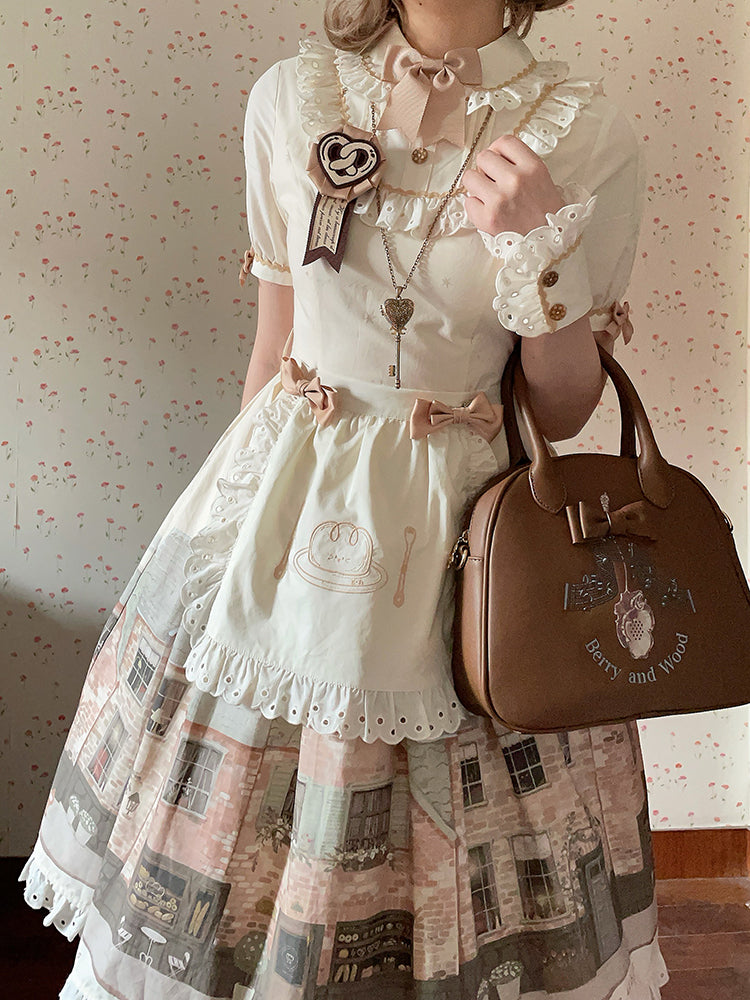 Lolita Dress Sleeves Print and Starry Beige Short Night Bakery