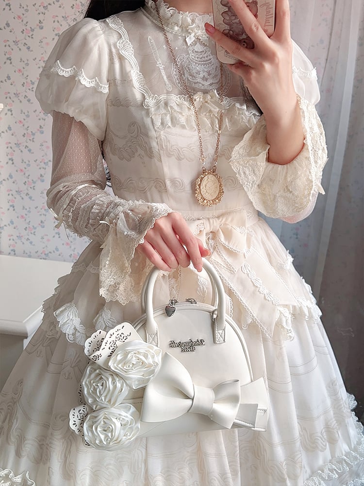 Big Creamy Bowknot Shell White Roses Bag