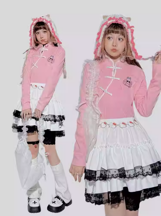 ピンクパステルパンクスケルトンギター型ラインストーントップ