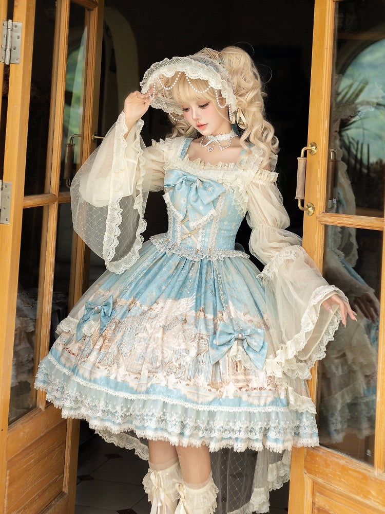 Print Full Lolita Set Classic Elegant Unicorn Blue Dress JSK