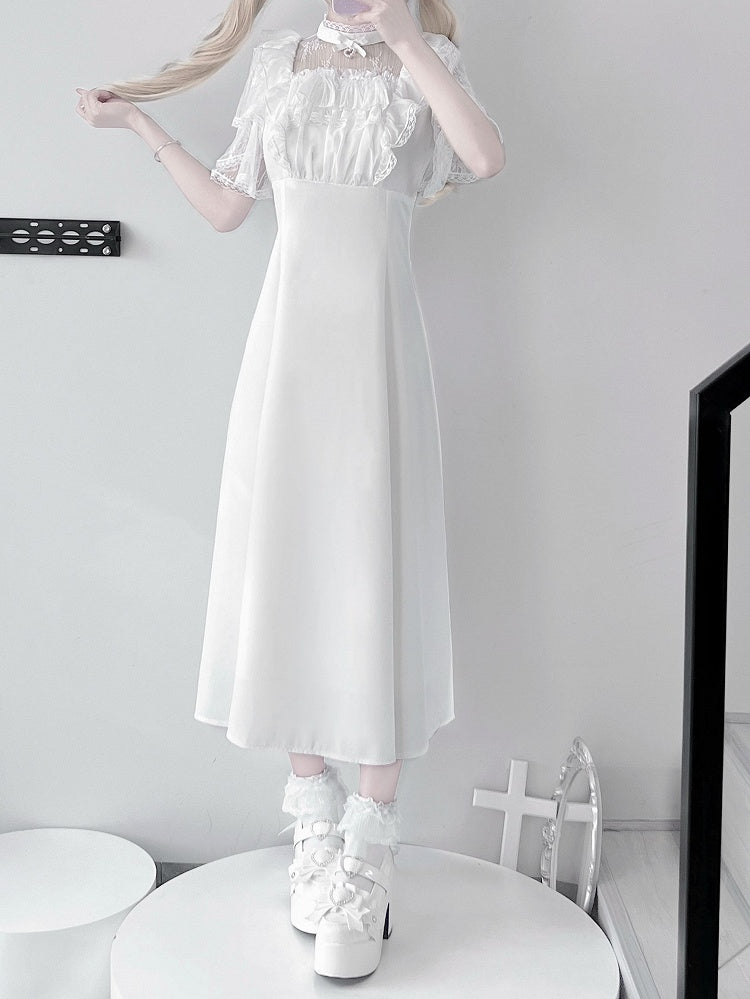 Jirai Kei Black/White Illusion Waist Neckline Ruffled High Lace Dress Trim