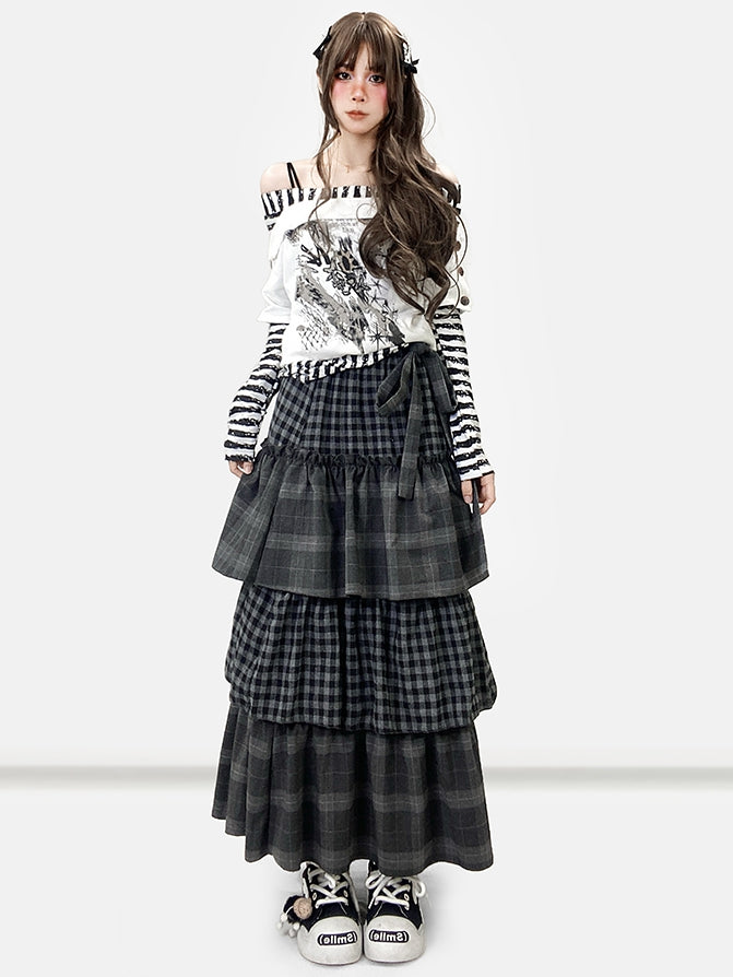 Striped Sleeves WhiteBlack Top Design Print Pattern Neckline Long Off-the-shoulder
