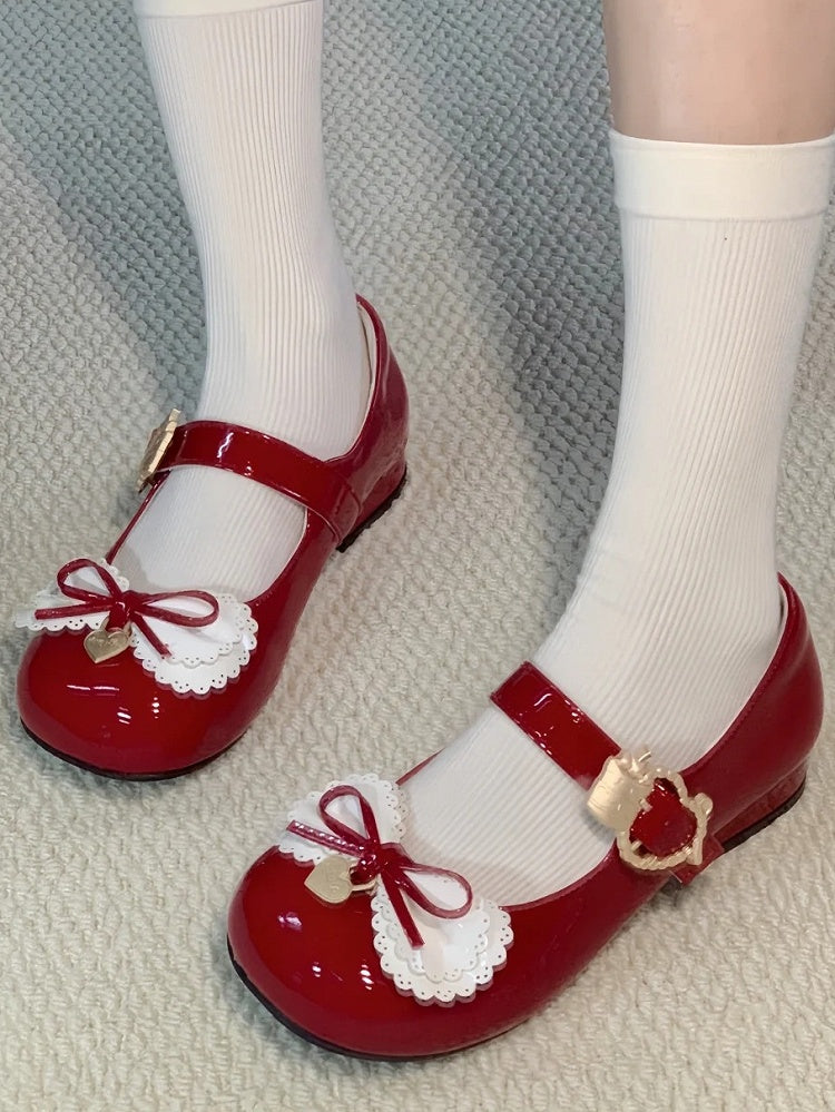 Janes Mary Täglich Bequeme Mehrschichtige Schuhe mit Niedrigem Absatz und süßen roten Schleifen Lolita -