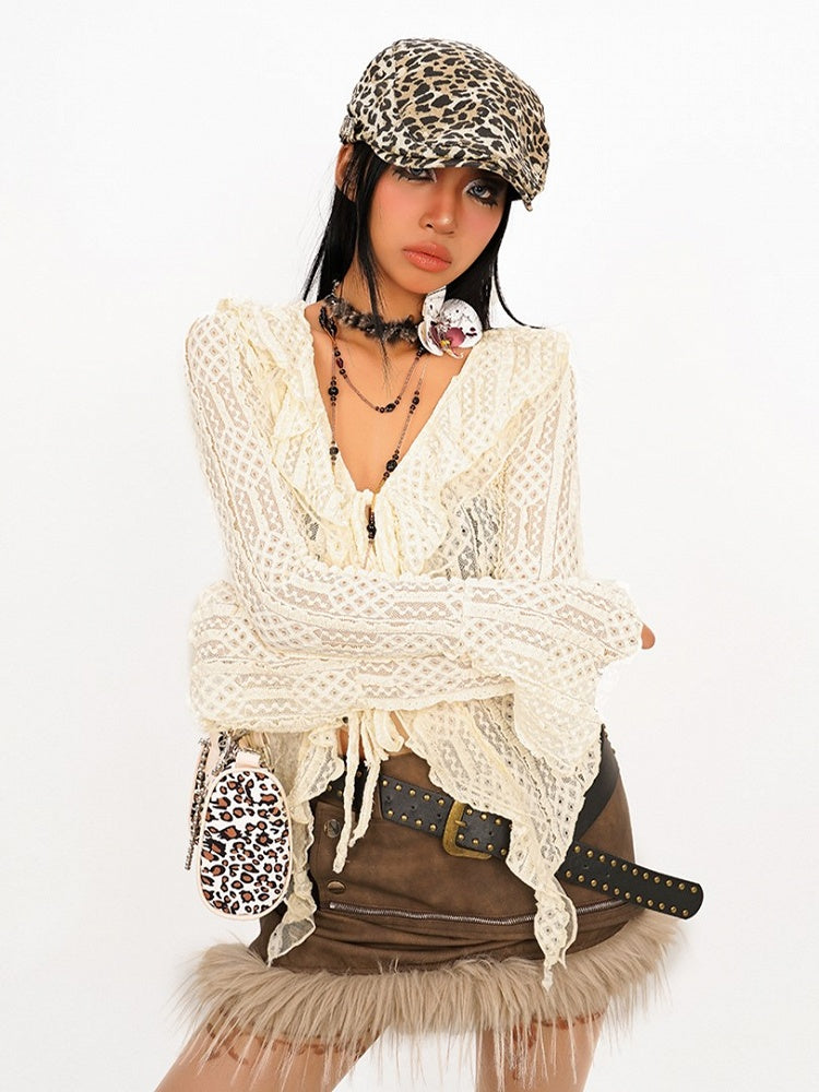 Beige Wasteland Cardigan with Bell Sleeves Punk Lace V-Neck Ruffled
