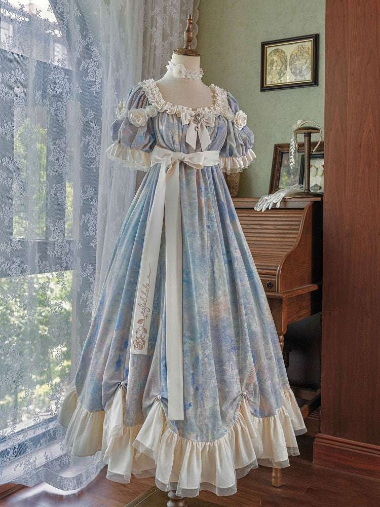 Piece Lolita Maxi One Dress Waist Elegant Classic Painting Blue Empire Oil Print