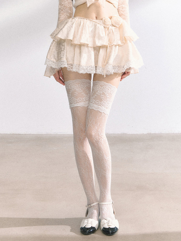 Skirt Black/Apricot Elastic Waist Lace Trim Floral Tiered Mini