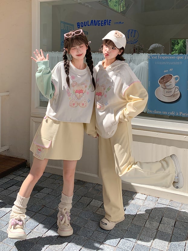 Green Teddy Bear Print Drawstring Sweatshirt Hem Yellow Design Colorblock Autumn and