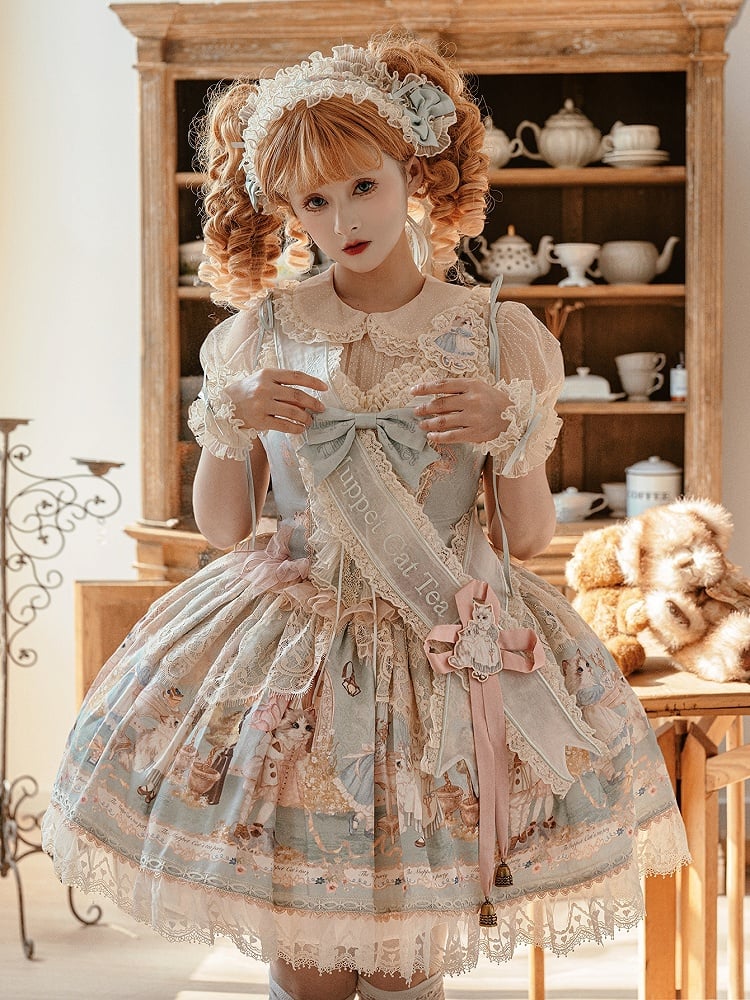 Lolita Süße Set Mieder Grün Print Minty Kitty Tee JSK Kleid Korsett Party Volle