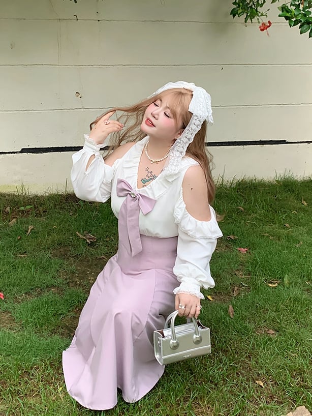 / Bowknot Abnehmbare Schulter Plus Größe Schwarz Taille Kleid Ausschnitt mit Hohe Rosa und