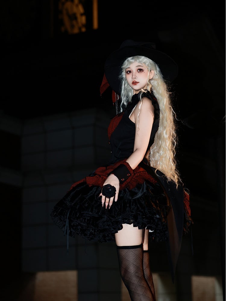 Lolita Halloween Gothic Kordelzug mit schwarzem Muster und Taille, gestreiftes rotes Kleid