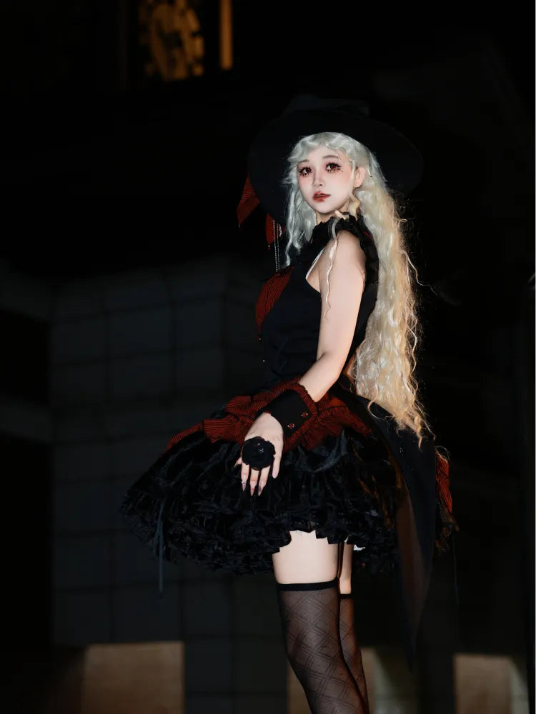 Red and Black Boned Waist Drawstring Striped Pattern Hem Halloween Gothic Lolita Dress