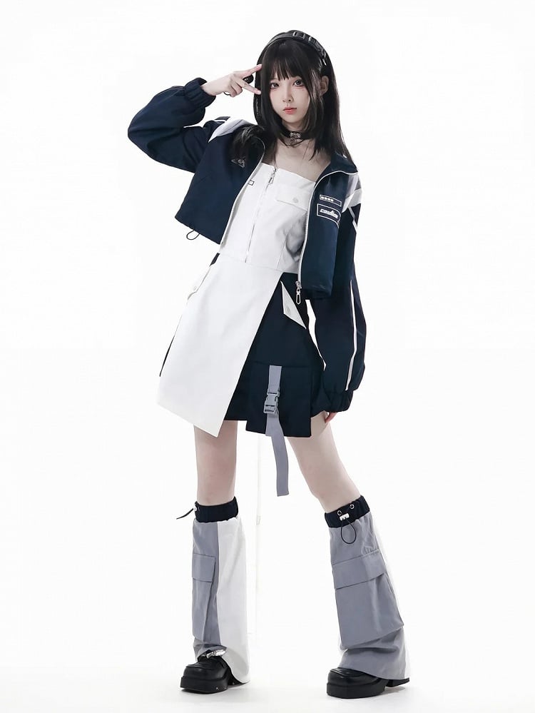 with Loading Bar Embroidery Partial Front Zipper Blue White Colorblock Techwear Dress