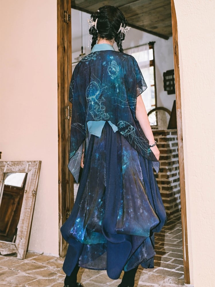 Gradient Convertible Hem Jellyfish Print Skirt with Bubble Blue