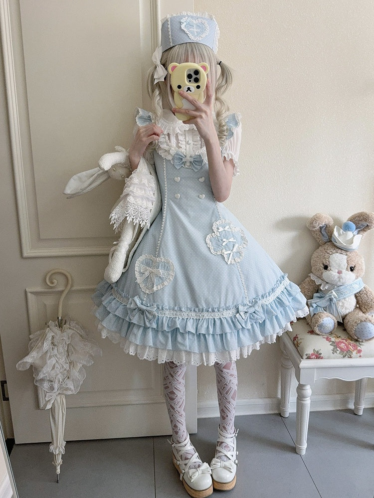 Layered Pattern Ruffle Nurse Hemline Blue Dress Polka-dot Lolita