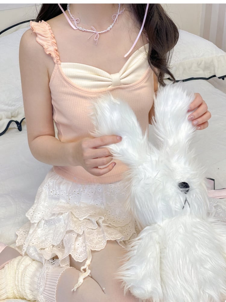 Tank Top Pink Flutter Sleeves Bowknot Design Neckline