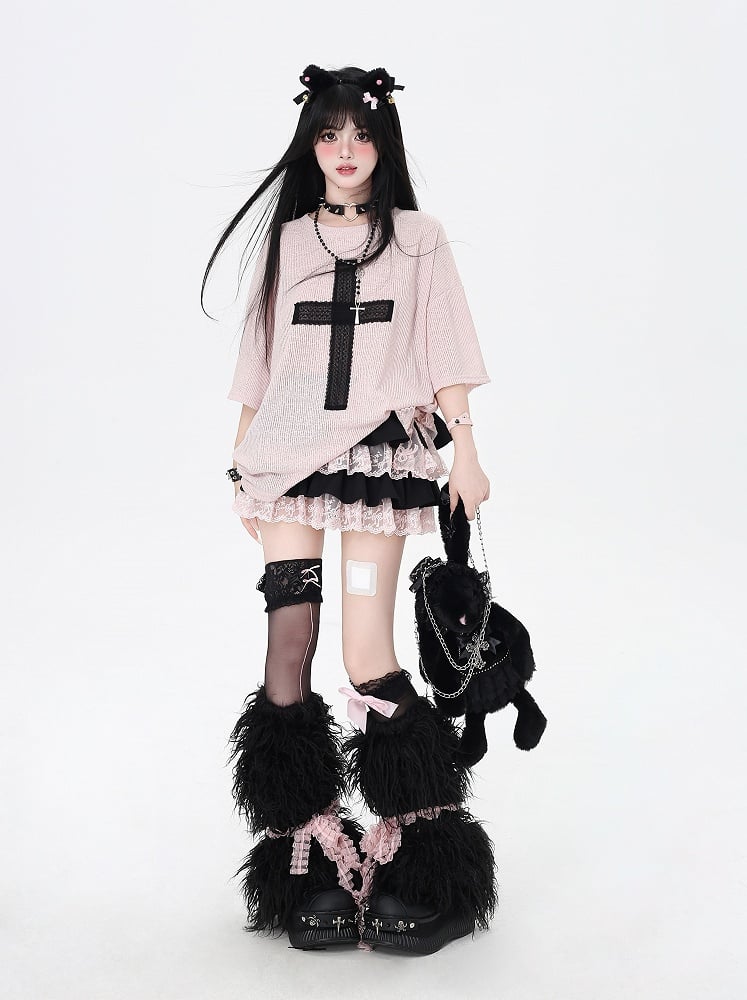 Light T-Shirt Cross Applique Loose Pink/Light Blue/Black
