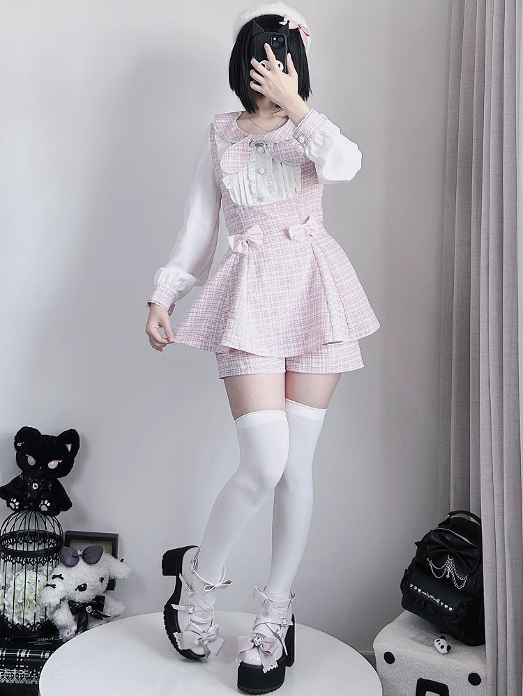 Kei Design Sleeves Top Plaid Outfit-Pleating + Details Jirai Bowknot Shorts Pink Long