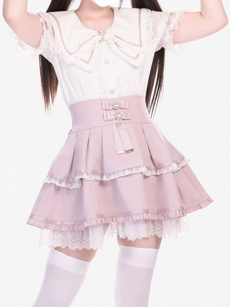 Bluse mit rosa-weißen Schleifen und Kronenbrosche Jirai Kei Schleifenkragen