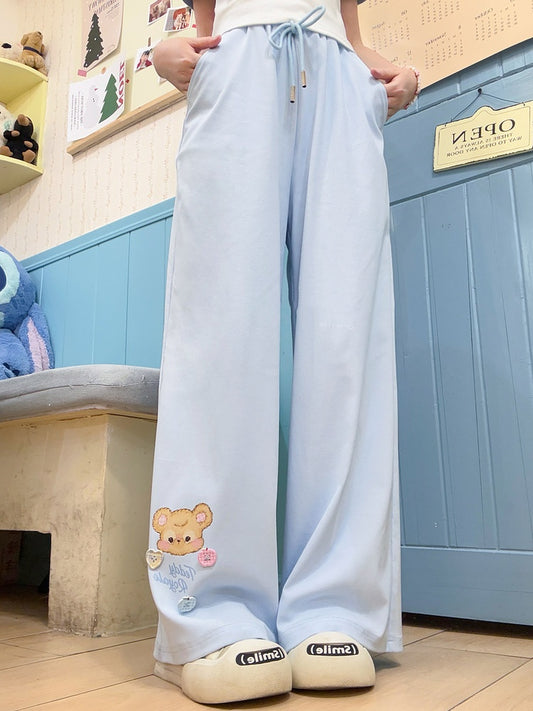 Wide-Leg Casual Pants Blue Drawstring Waist Bear Print Cuff