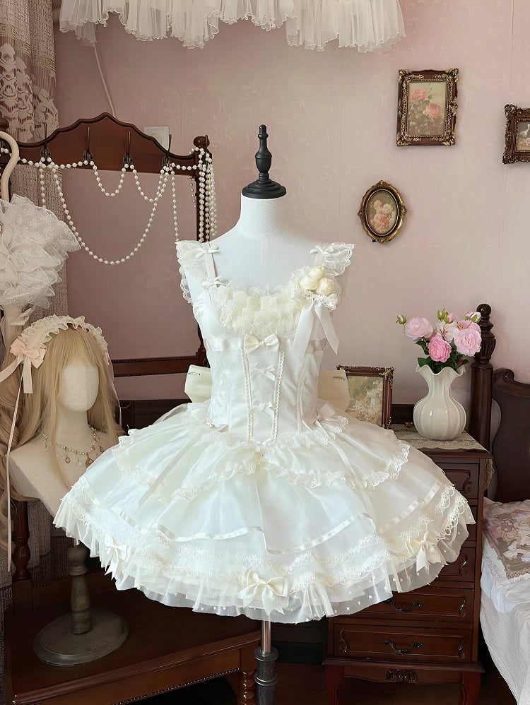 Beige Flutter Sleeves Bowknots JSK Dress on Balletcore Sweet Lolita Puffy Bodice