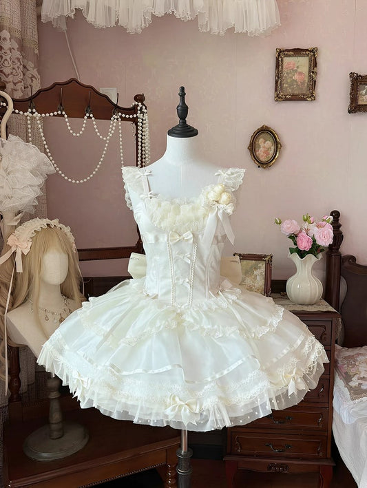 Beige Flutter Sleeves Bowknots JSK Dress on Balletcore Sweet Lolita Puffy Bodice